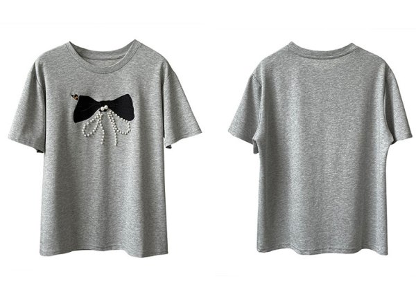 画像11: Women's pearl embroidered bow loose pullover top T-shirt パール付きリボンボウ半袖Tシャツ (11)