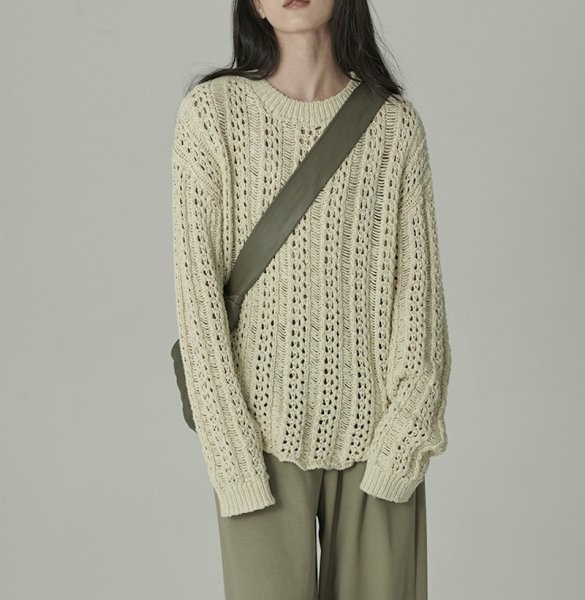 画像4: Women's casual and gentle design hollow knitted  openwork knitting round neck sweater 透かし編みフラウンドネックセーター (4)