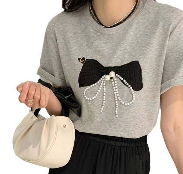 画像3: Women's pearl embroidered bow loose pullover top T-shirt パール付きリボンボウ半袖Tシャツ (3)