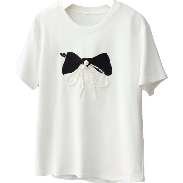 画像10: Women's pearl embroidered bow loose pullover top T-shirt パール付きリボンボウ半袖Tシャツ (10)