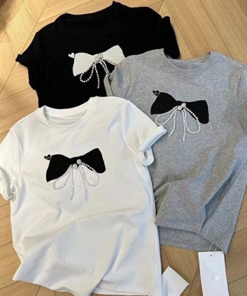 画像12: Women's pearl embroidered bow loose pullover top T-shirt パール付きリボンボウ半袖Tシャツ (12)