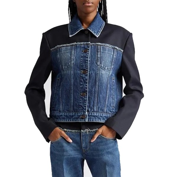 画像1: lapel long-sleeved denim splicing designFrench style jacket  異素材コンビデニムジャケットGジャン (1)