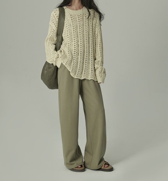 画像5: Women's casual and gentle design hollow knitted  openwork knitting round neck sweater 透かし編みフラウンドネックセーター (5)