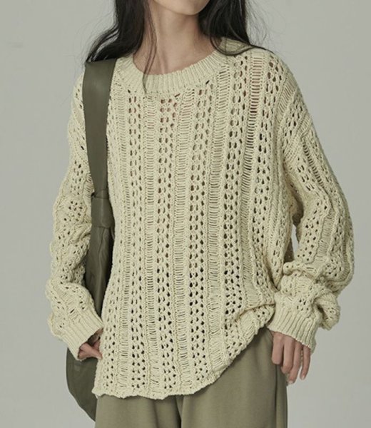 画像3: Women's casual and gentle design hollow knitted  openwork knitting round neck sweater 透かし編みフラウンドネックセーター (3)