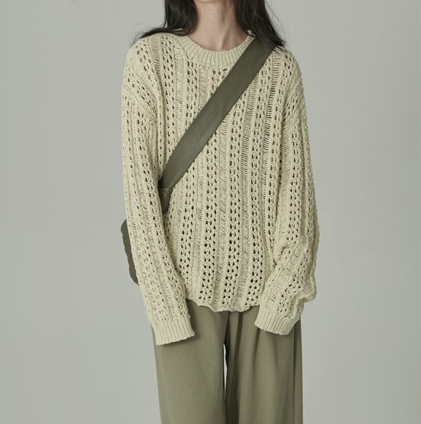 画像6: Women's casual and gentle design hollow knitted  openwork knitting round neck sweater 透かし編みフラウンドネックセーター (6)