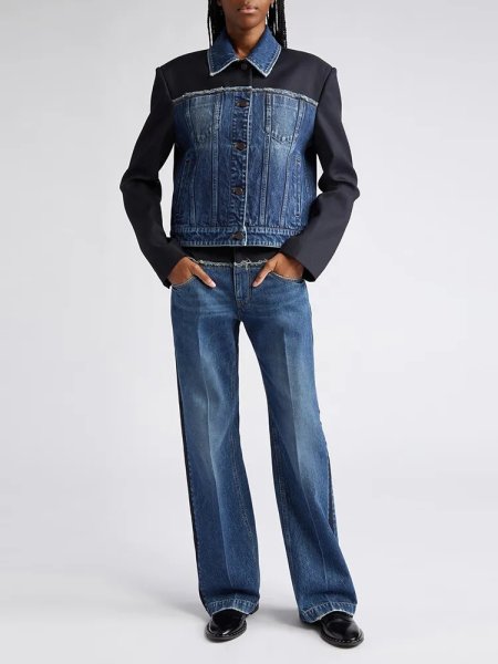 画像5: lapel long-sleeved denim splicing designFrench style jacket  異素材コンビデニムジャケットGジャン (5)