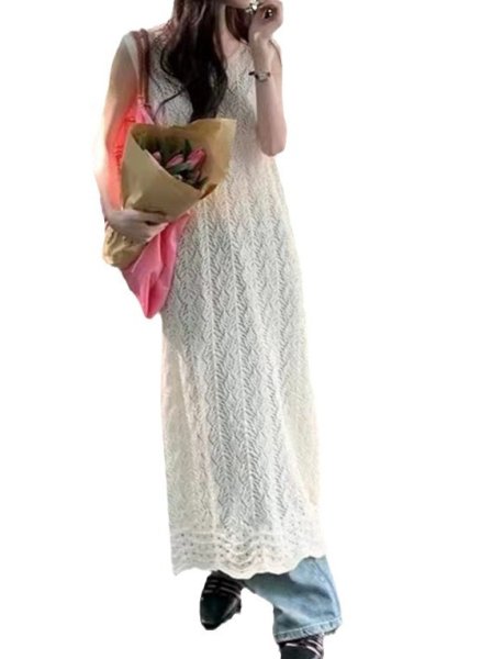 画像6: Women's lace long length vest gilet dress  レースロングベストジレマキシドレスワンピース (6)