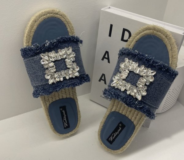 画像8: Unisex Rhinestone Denim espadrilles flats sandals slippers casual shoes  　ユニセックスラインストーン付きフリンジデニムエスパドリーユ フラットサンダルスリッパ (8)