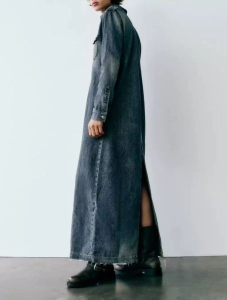 画像6: Women's Maillard Workwear Lapel Long Denim Dress シンプルデニムロングマキシドレスワンピース (6)