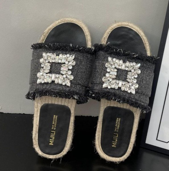 画像2: Unisex Rhinestone Denim espadrilles flats sandals slippers casual shoes  　ユニセックスラインストーン付きフリンジデニムエスパドリーユ フラットサンダルスリッパ (2)