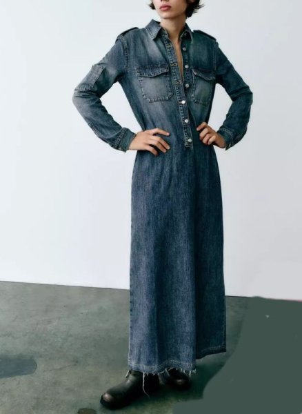 画像3: Women's Maillard Workwear Lapel Long Denim Dress シンプルデニムロングマキシドレスワンピース (3)