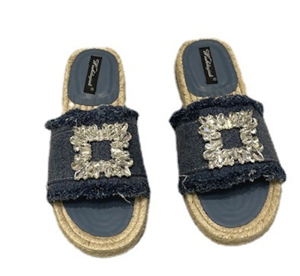 画像6: Unisex Rhinestone Denim espadrilles flats sandals slippers casual shoes  　ユニセックスラインストーン付きフリンジデニムエスパドリーユ フラットサンダルスリッパ (6)