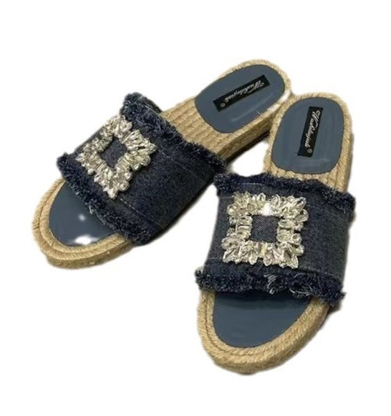画像5: Unisex Rhinestone Denim espadrilles flats sandals slippers casual shoes  　ユニセックスラインストーン付きフリンジデニムエスパドリーユ フラットサンダルスリッパ (5)