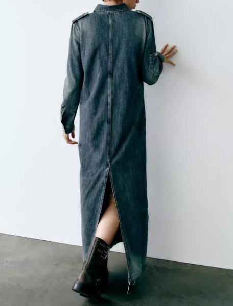 画像5: Women's Maillard Workwear Lapel Long Denim Dress シンプルデニムロングマキシドレスワンピース (5)