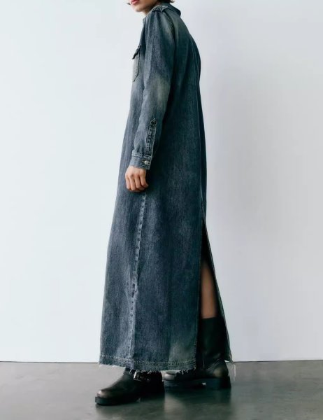 画像4: Women's Maillard Workwear Lapel Long Denim Dress シンプルデニムロングマキシドレスワンピース (4)