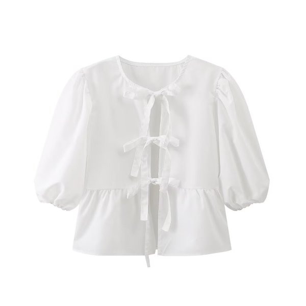 画像4: Women's Lace-Up Puff Sleeve Blouse T-shirt  レースアップリボンラタンパフスリーブブラウス Tシャツ (4)