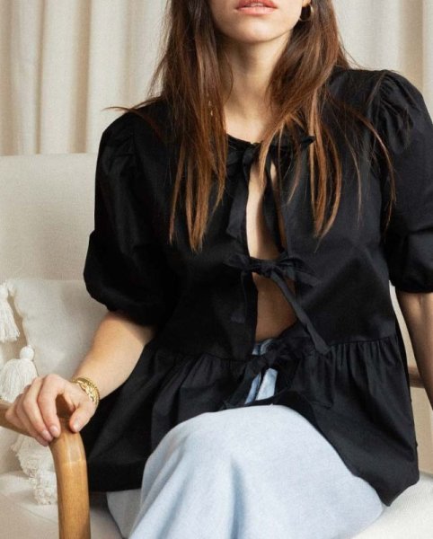 画像12: Women's Lace-Up Puff Sleeve Blouse T-shirt  レースアップリボンラタンパフスリーブブラウス Tシャツ (12)