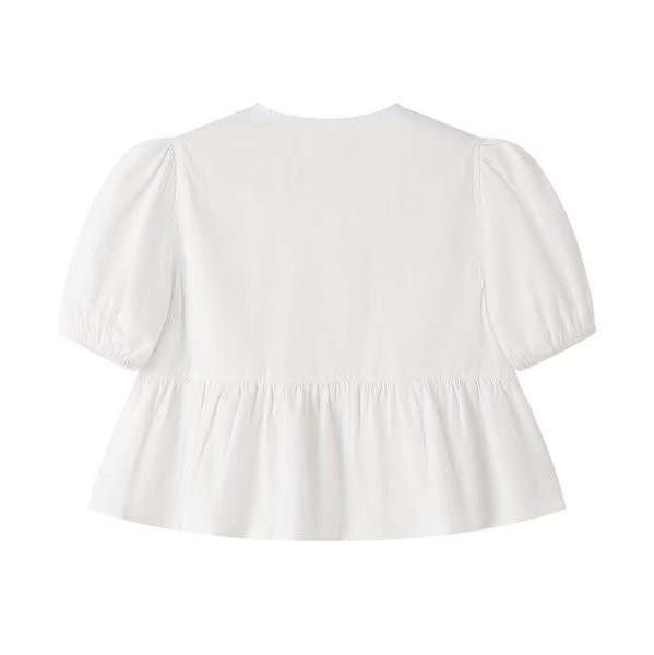 画像10: Women's Lace-Up Puff Sleeve Blouse T-shirt  レースアップリボンラタンパフスリーブブラウス Tシャツ (10)