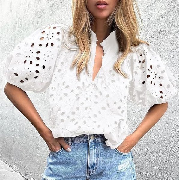 画像9: Women'slace puff sleeves blouse  T-shirt  レースラタンパフスリーブブラウス Tシャツ (9)