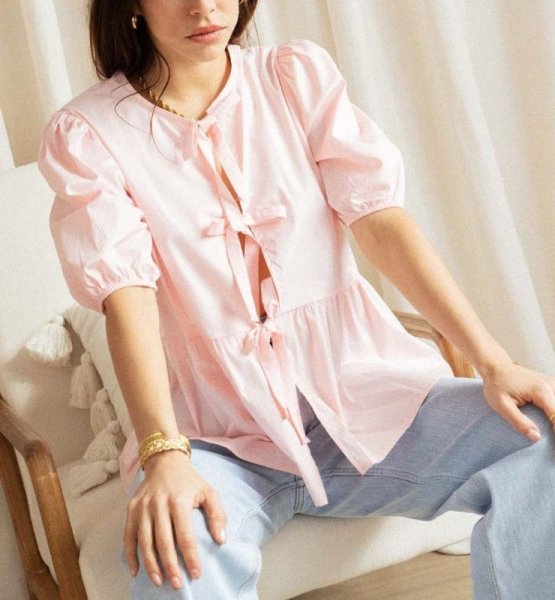 画像3: Women's Lace-Up Puff Sleeve Blouse T-shirt  レースアップリボンラタンパフスリーブブラウス Tシャツ (3)