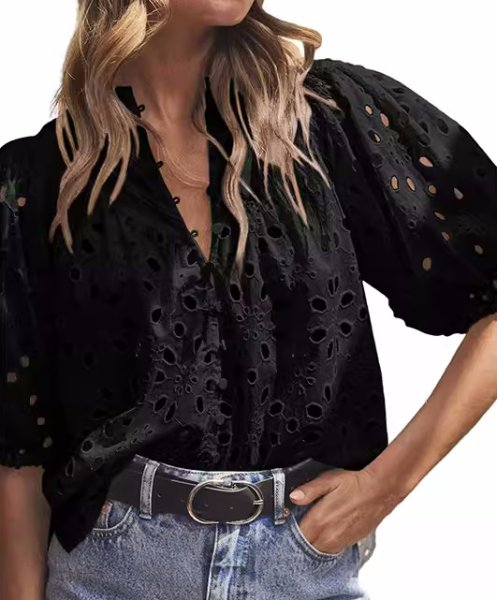 画像2: Women'slace puff sleeves blouse  T-shirt  レースラタンパフスリーブブラウス Tシャツ (2)