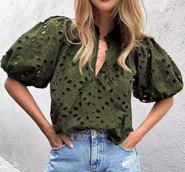 画像6: Women'slace puff sleeves blouse  T-shirt  レースラタンパフスリーブブラウス Tシャツ (6)