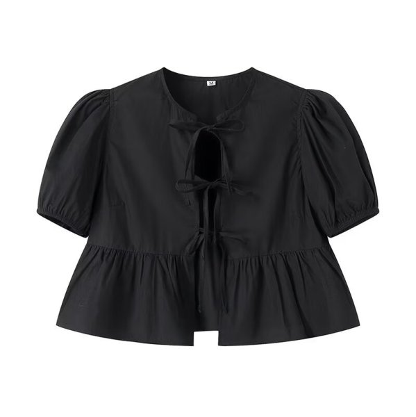 画像5: Women's Lace-Up Puff Sleeve Blouse T-shirt  レースアップリボンラタンパフスリーブブラウス Tシャツ (5)