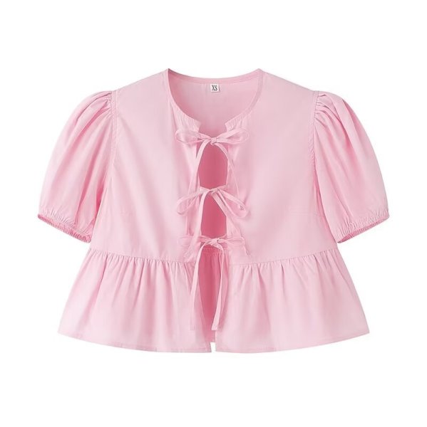 画像6: Women's Lace-Up Puff Sleeve Blouse T-shirt  レースアップリボンラタンパフスリーブブラウス Tシャツ (6)