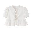 画像9: Women's Lace-Up Puff Sleeve Blouse T-shirt  レースアップリボンラタンパフスリーブブラウス Tシャツ (9)