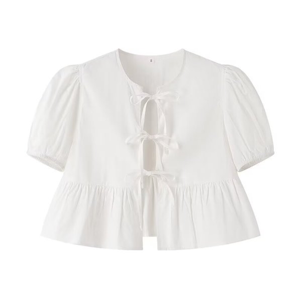 画像9: Women's Lace-Up Puff Sleeve Blouse T-shirt  レースアップリボンラタンパフスリーブブラウス Tシャツ (9)