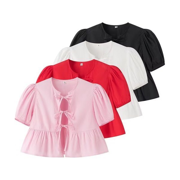 画像8: Women's Lace-Up Puff Sleeve Blouse T-shirt  レースアップリボンラタンパフスリーブブラウス Tシャツ (8)