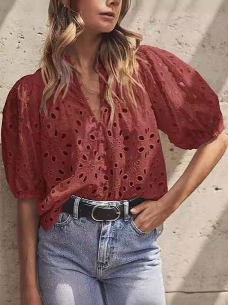 画像11: Women'slace puff sleeves blouse  T-shirt  レースラタンパフスリーブブラウス Tシャツ (11)