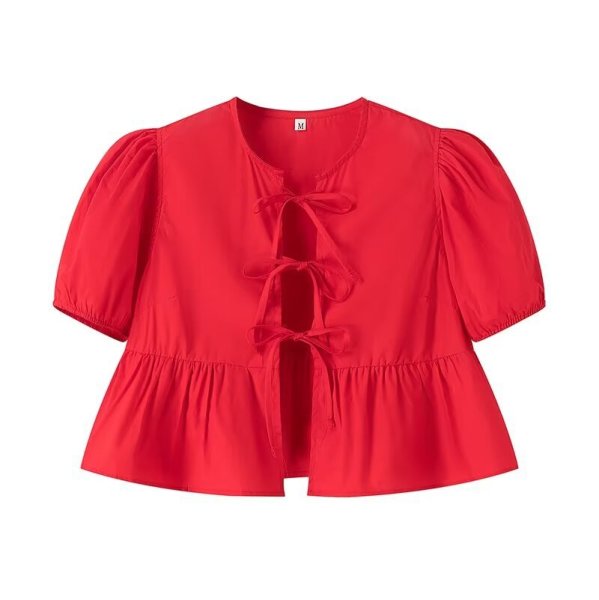 画像7: Women's Lace-Up Puff Sleeve Blouse T-shirt  レースアップリボンラタンパフスリーブブラウス Tシャツ (7)