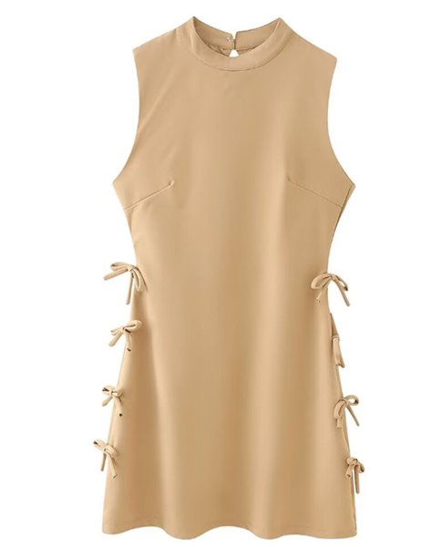 画像1: Women's side bow mini dress　シンプルサイドリボンノースリーブドレスワンピース (1)