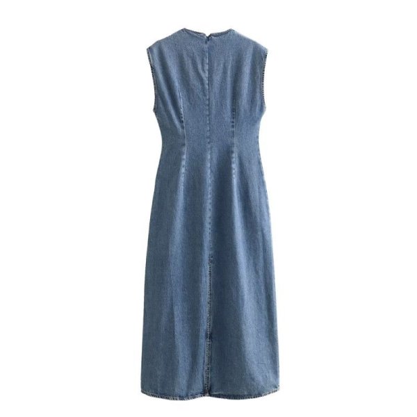 画像2: Women's round neck sleeveless denim midi dress  vest dress Long Dress 　デニムシンプルノースリーブドレスワンピースベストロングドレス (2)