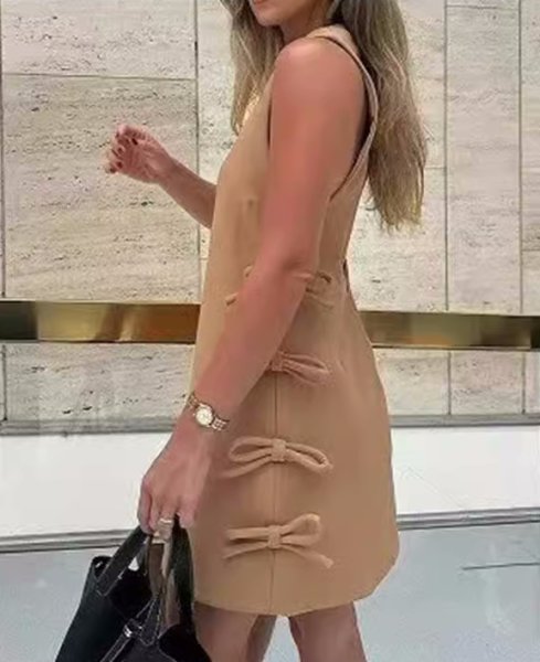 画像5: Women's side bow mini dress　シンプルサイドリボンノースリーブドレスワンピース (5)