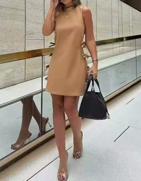 画像6: Women's side bow mini dress　シンプルサイドリボンノースリーブドレスワンピース (6)