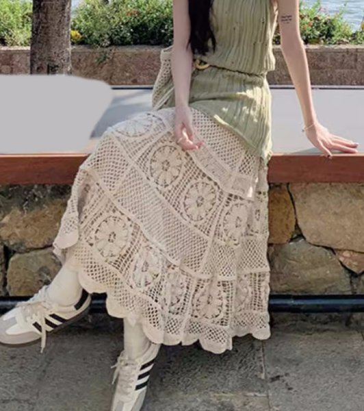 画像2: Women's lace knitting long maxi length ethnic bohemia skirt　エスニックボヘミアンレース編みマキシロングスカート (2)