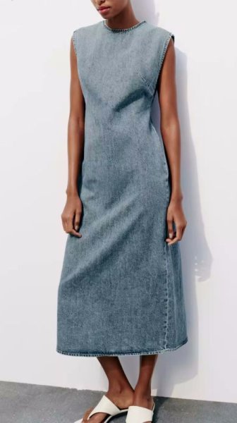 画像3: Women's round neck sleeveless denim midi dress  vest dress Long Dress 　デニムシンプルノースリーブドレスワンピースベストロングドレス (3)