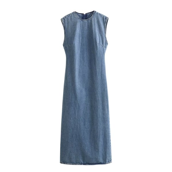 画像1: Women's round neck sleeveless denim midi dress  vest dress Long Dress 　デニムシンプルノースリーブドレスワンピースベストロングドレス (1)