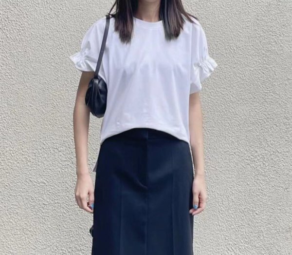 画像3: Women's round neck gathered short-sleeved T-shirt   ギャザースリーブブラウス Tシャツ (3)