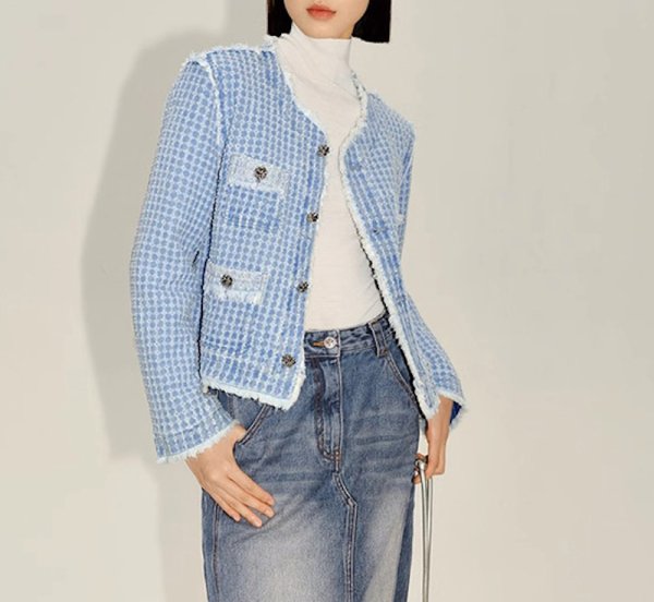 画像3:  Blue Small Fragrance French Style Short Jacket　ブルースモールフレグランスフリンジショートジャケット (3)