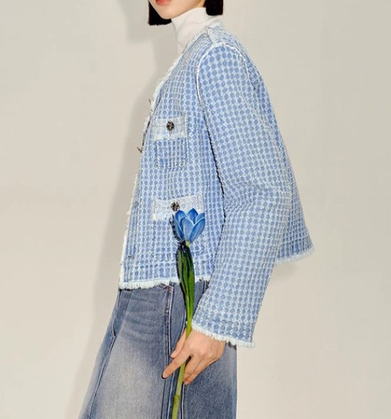 画像4:  Blue Small Fragrance French Style Short Jacket　ブルースモールフレグランスフリンジショートジャケット (4)