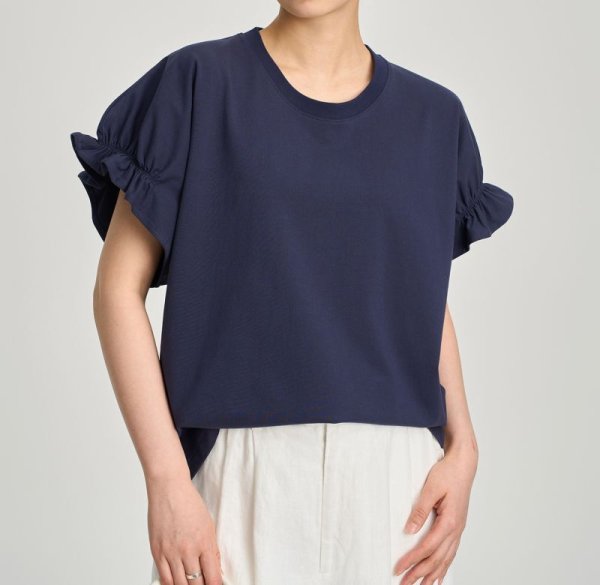 画像2: Women's round neck gathered short-sleeved T-shirt   ギャザースリーブブラウス Tシャツ (2)