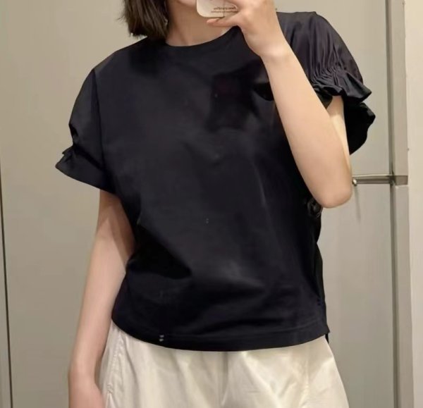 画像4: Women's round neck gathered short-sleeved T-shirt   ギャザースリーブブラウス Tシャツ (4)
