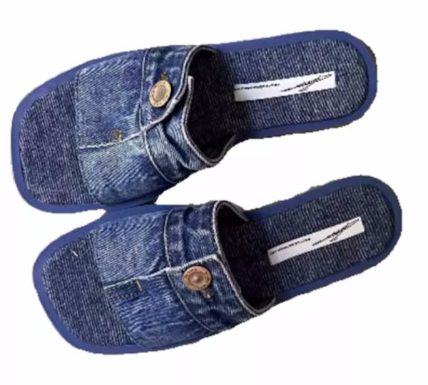 画像1: Unisex Denim metal buckle slippers flats sandals  casual shoes  　ユニセックスメタルデニム フラットサンダルスリッパ (1)