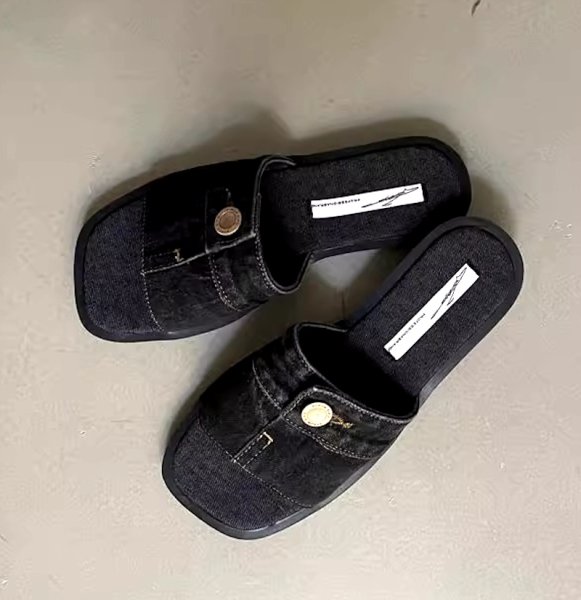 画像3: Unisex Denim metal buckle slippers flats sandals  casual shoes  　ユニセックスメタルデニム フラットサンダルスリッパ (3)