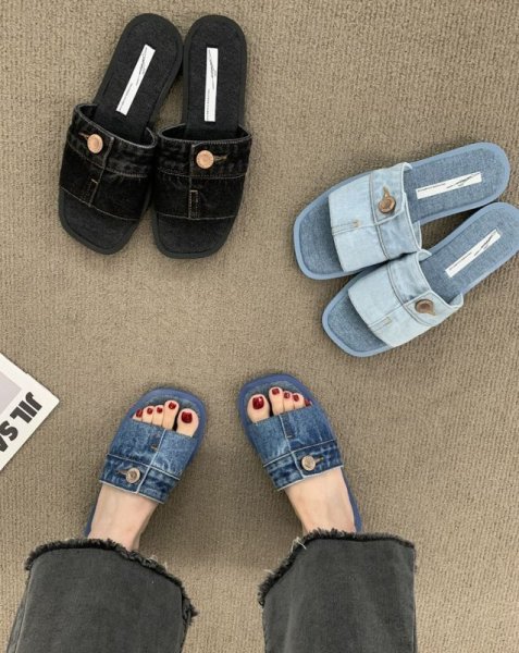 画像5: Unisex Denim metal buckle slippers flats sandals  casual shoes  　ユニセックスメタルデニム フラットサンダルスリッパ (5)