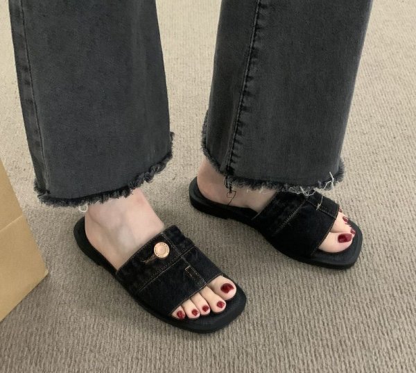 画像6: Unisex Denim metal buckle slippers flats sandals  casual shoes  　ユニセックスメタルデニム フラットサンダルスリッパ (6)