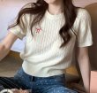 画像4: Women's round neck Ribbon one point embroidery rope knit short sleeve sweater T-shirt  リボンワンポイント刺繍 縄編み半袖セーターTシャツ (4)